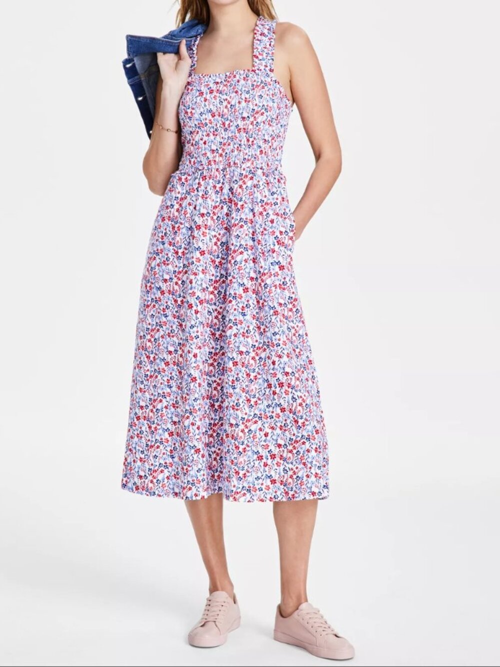 TOMMY HILFIGER WOMEN'S CAS KNIT FLORAL-PRINT MIDI DRESS (SIZE LARGE)